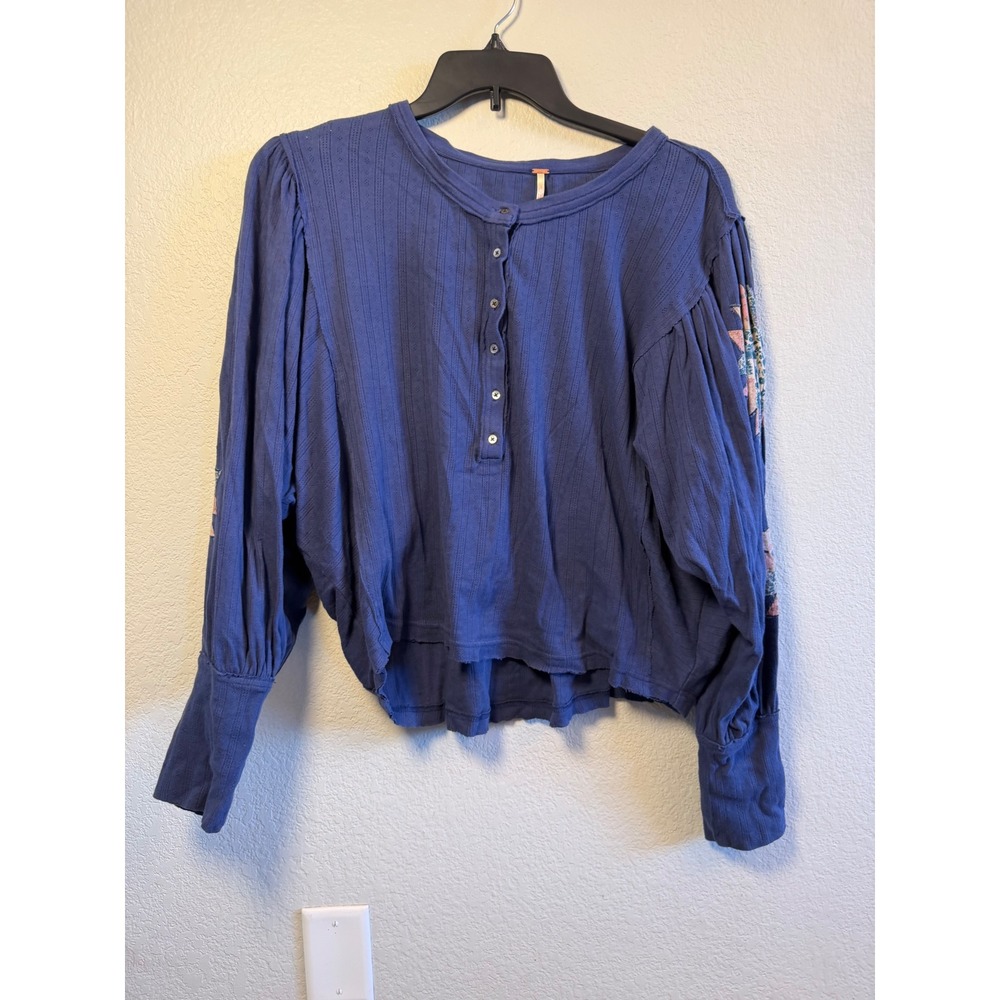Free People Indigo Blue Pointelle Henley Patchwork Star Puff Sleeve Top L
